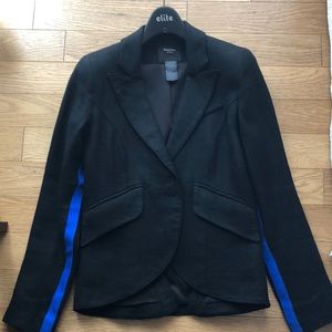 Smythe Les Vestes Black Linen Blazer with Blue Tuxedo Stripe sz 2